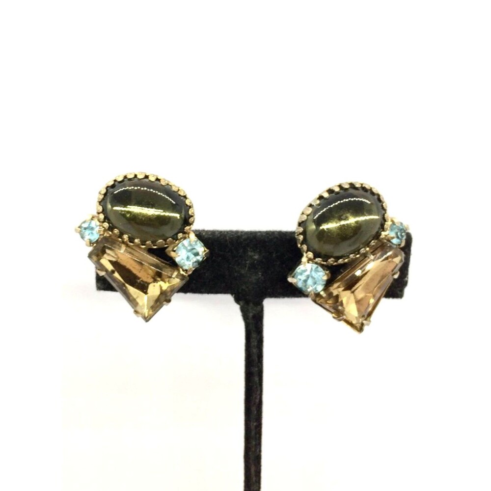 Vintage Rhinestone Earrings Green Cabochon MCM Clip On Gold Tone Prong Set